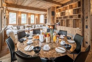 Sit down with family and friends in the rustic dining area.