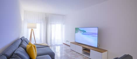 Le salon avec canapé-lit et TV (neflix et disney pu)