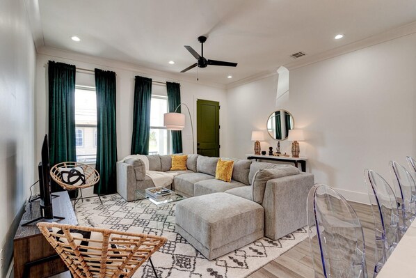 The comfiest sofa in town! Stylish living room with seating for everyone!