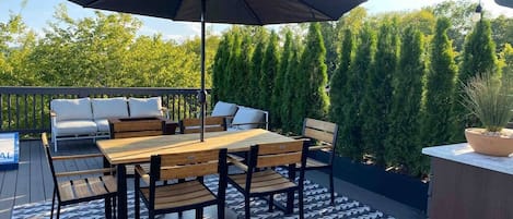 Entertainer, work from home or creator's dream rooftop!  With umbrella, firepit, grill, sink and fire pit.  Perfect place to play, work or create.