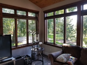 Beautiful view of the back yard green space and cement area for kids to play