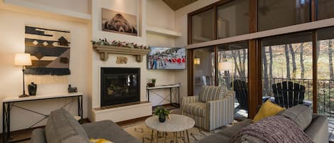 Living Room with Fireplace, Large Deck