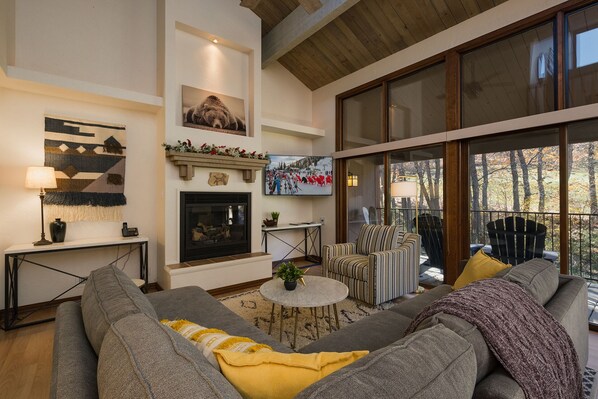 Living Room with Fireplace, Large Deck