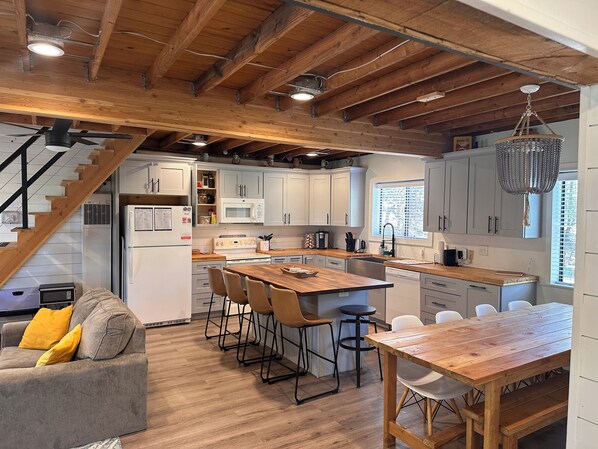 Open, modern kitchen, ample seating for 12