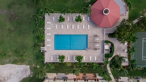 aerial of heated swimming pool and clubhouse