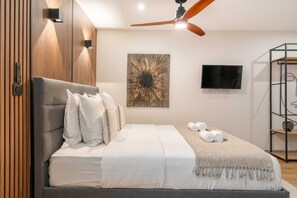 Comfortable Queen-size bed, ceiling fan, and storage space included in the studio.