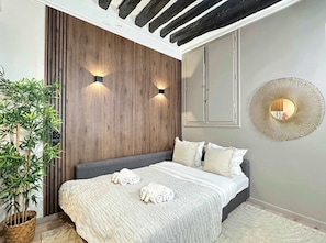 The living room sofa converts into a double bed for cozy nights.