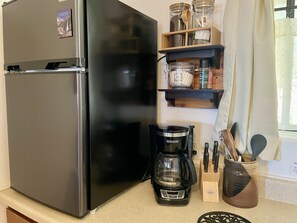 Mini Fridge, coffee maker & supplies