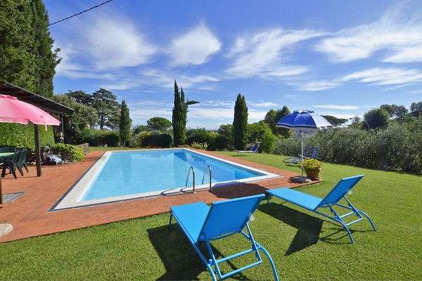 The equipped pool and the nice surrounding lawn