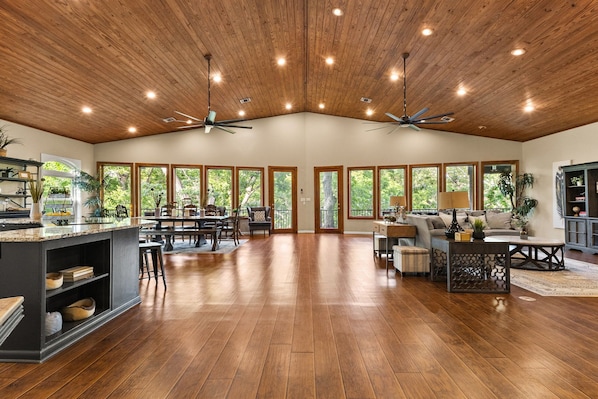Spacious open lodge. Hardwood floors, wood ceilings, ample room to gather.