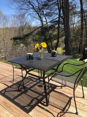 Front porch overlooking field and fire-pit area