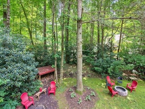 Aerial View of the firepit and backyard near the creek!