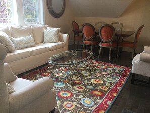 Carriage house living room and dining table.