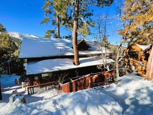 Snow covered Big Bear Cool Cabins, Three Little Birds