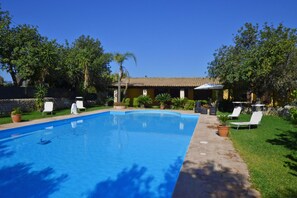 The wide pool, the well cared lawn and the Villa with the portico.