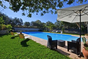 The wide pool, the equipped and well cared lawn