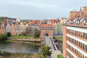  A scenic outdoor view of a charming city with historical buildings, a river, and red rooftops.