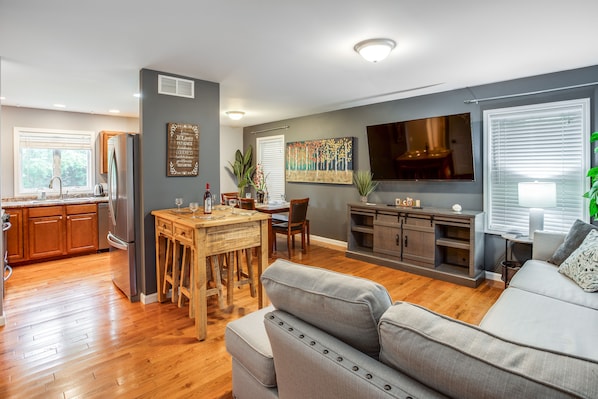 Living room with huge smart TV 