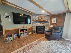 Large Smart TV and Gas Fireplace with remote