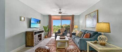 A living room with an amazing view. The living room has smart TV with over 200 channels! 