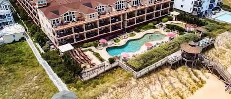 Ariel view of Croatan Surf Club. The condo is along the left side w/ocean views.