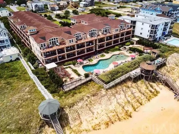 Ariel view of Croatan Surf Club. The condo is along the left side w/ocean views.