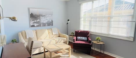 Living room with queen pull-out sofa bed