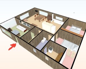 A rough, simplified sketch of our house, red arrow for the entrance to the porch