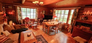 The living room, with sea view, fireplace and sofa bed