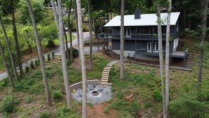 Drone view of Mill Grove and the large fire pit.