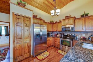 Fully stocked kitchen with plenty of cabinet, countertop and pantry space. 
