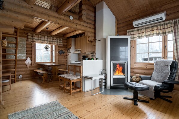 Living room and kitzen with  fireplace.