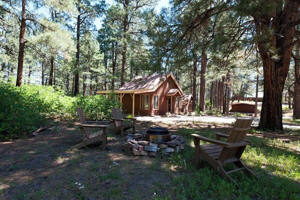 Wood burning fire pit adjacent to the cabin