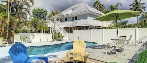 Firepit, heated pool and view of the house