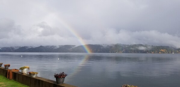 Amazing rainbows over hood canal right off the beach.