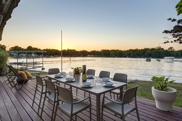 Sunset dinner on the deck overlooking Fisher's Lake. 