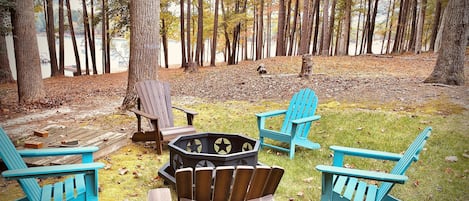 Fire pit overlooking lake view 