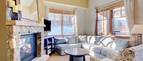 Main living area with beautiful gas fireplace