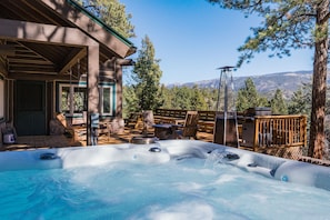 Private hot tub with awesome views, gas fire pit and space heater and tons of outdoor seating