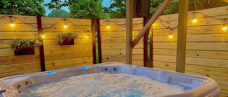 The hot tub has a whirlpool and massage setting, perfect for late night soaks! 
