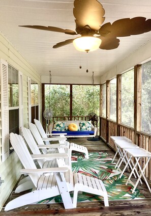 Have your morning coffee on the porch before a day at the beach 