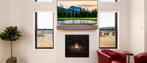 Living room with cozy fireplace