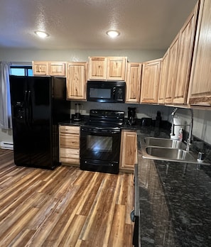 Granite countertops, electric oven and stove. Ice maker and huge refrigerator. 