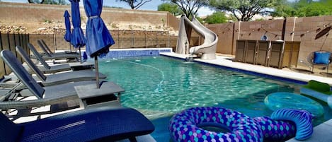 Relax to the calming sounds of the deck jets , or splash down the slide! 