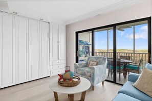 The Murphy bed is conveniently located in the living room