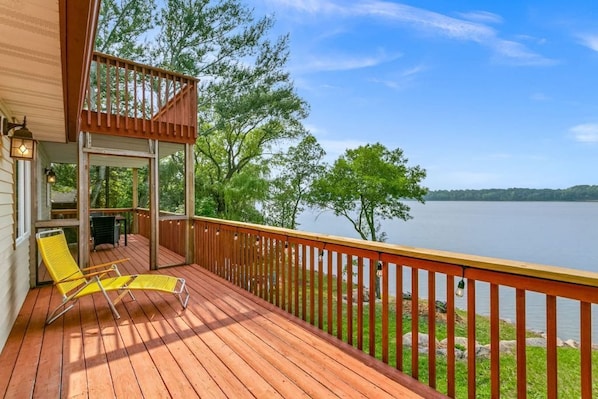 Spacious deck areas overlooking Big Swan Lake.