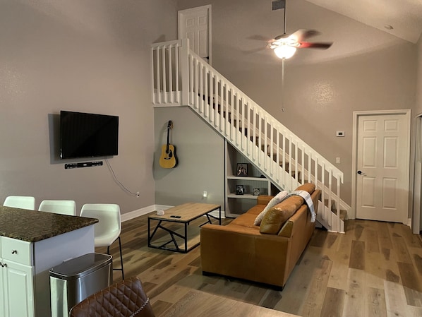 Open concept main living area. Twenty plus foot ceilings with sky lights. 
