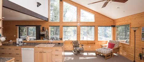 Vaulted ceiling and large windows let in the morning sun!