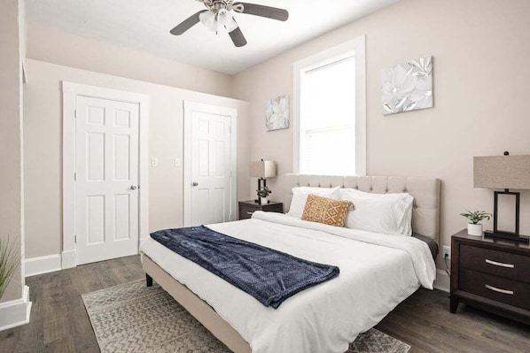 Get cozy in our master bedroom with luxurious mattress, pillows, and linens