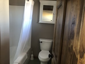 Bathroom with tub/shower, toilet and vanity.